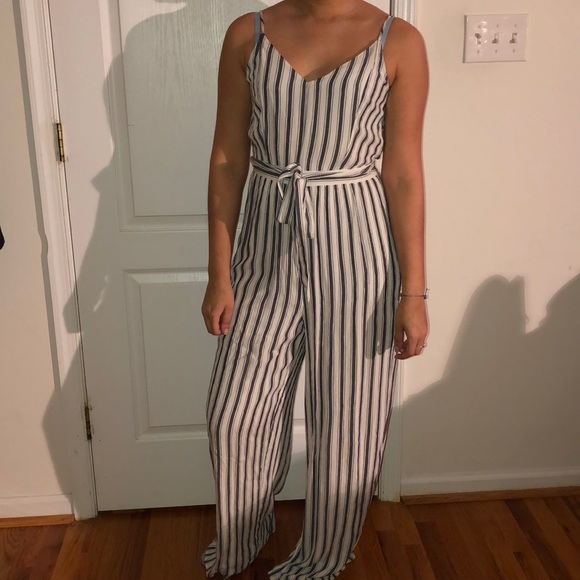 american eagle blue and white striped jumpsuit